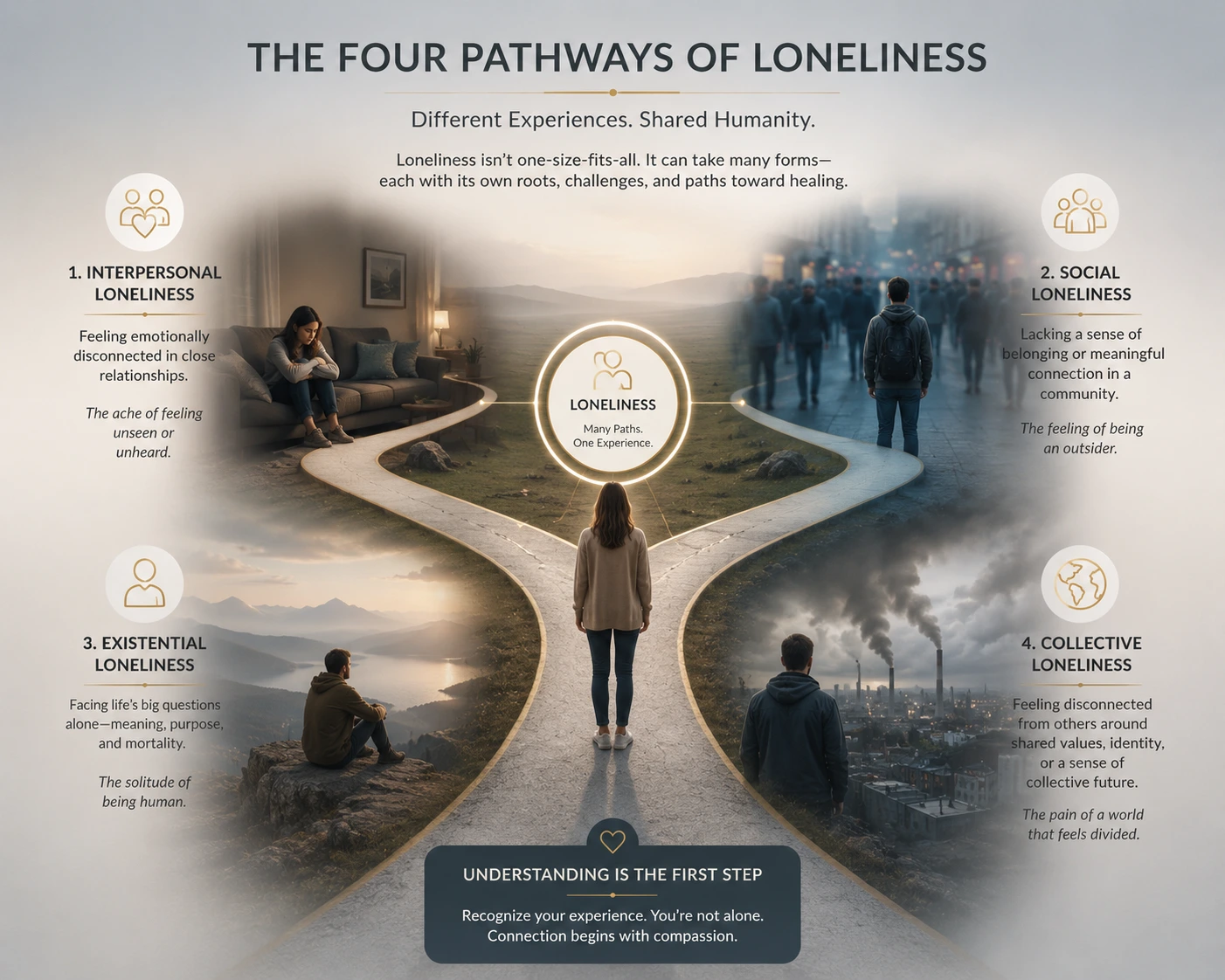 Visual representation of the four major types of loneliness and emotional isolation.